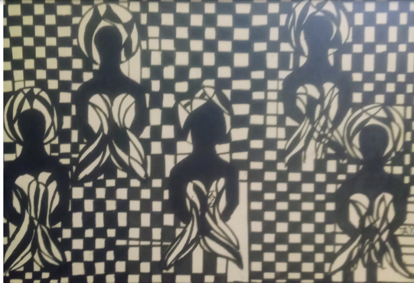 A photo of an art piece that features 3 female bodies wearing corset-like tops. They are layered on top of a black and white checkboard pattern.